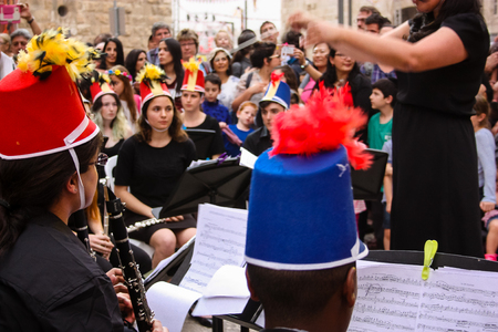 Jerusalem Israel May 10, 2018 The celebrations of the Middle Kingdom of the Golden Tooth Festival at the Old city of Jerusalem, View of the musicians of the avant-garde orchestra playing a music concert in the eveningのeditorial素材