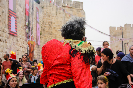 Jerusalem Israel May 10, 2018 The celebrations of the Middle Kingdom of the Golden Tooth Festival at the Old city of Jerusalem, View of the procession to Jaffa Gate in the eveningのeditorial素材