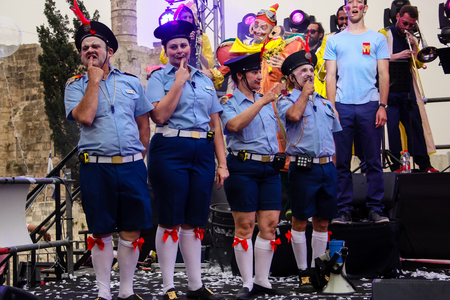 Jerusalem Israel May 10, 2018 The celebrations of the Middle Kingdom of the Golden Tooth Festival at the Old city of Jerusalem, The dance of unstoppable joy on the festival stage in the eveningのeditorial素材