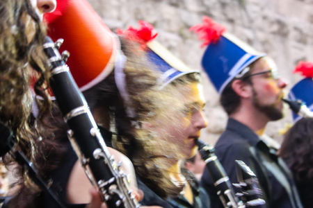 Jerusalem Israel May 10, 2018 The celebrations of the Middle Kingdom of the Golden Tooth Festival at the Old city of Jerusalem, View of the musicians of the avant-garde orchestra playing a music concert in the eveningのeditorial素材