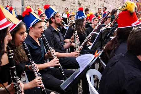 Jerusalem Israel May 10, 2018 The celebrations of the Middle Kingdom of the Golden Tooth Festival at the Old city of Jerusalem, View of the musicians of the avant-garde orchestra playing a music concert in the eveningのeditorial素材