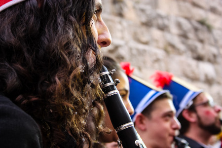 Jerusalem Israel May 10, 2018 The celebrations of the Middle Kingdom of the Golden Tooth Festival at the Old city of Jerusalem, View of the musicians of the avant-garde orchestra playing a music concert in the eveningのeditorial素材
