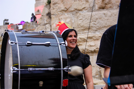 Jerusalem Israel May 10, 2018 The celebrations of the Middle Kingdom of the Golden Tooth Festival at the Old city of Jerusalem, View of the musicians of the avant-garde orchestra playing a music concert in the eveningのeditorial素材