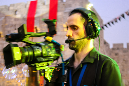 Jerusalem Israel May 10, 2018 The celebrations of the Middle Kingdom of the Golden Tooth Festival at the Old city of Jerusalem, view of the stage of the musical show in the eveningのeditorial素材