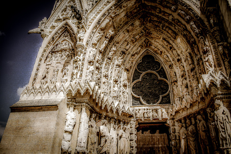view of the cathedral Notre Dame of Reims in Franceの写真素材