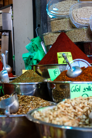 Jerusalem Israel May 24, 2018 Closeup of various spices sold in the market of Jerusalem in Israelのeditorial素材
