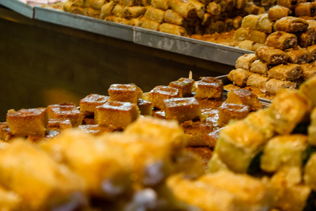 Jerusalem Israel May 24, 2018 Closeup of various pastries sold in the market of Jerusalem in Israel in the eveningのeditorial素材