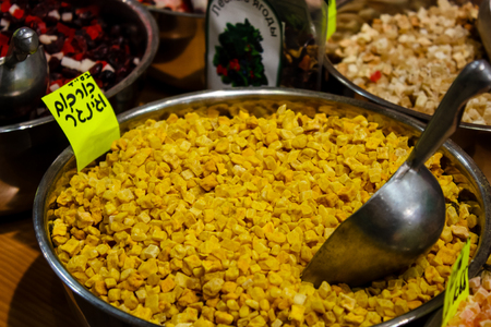 Jerusalem Israel May 24, 2018 Closeup of various dried fruits sold in the market of Jerusalem in Israelのeditorial素材