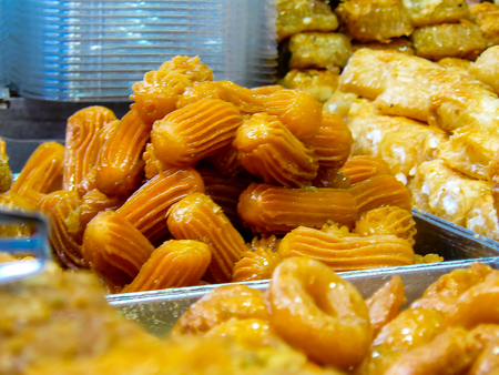 Jerusalem Israel May 24, 2018 Closeup of various pastries sold in the market of Jerusalem in Israel...