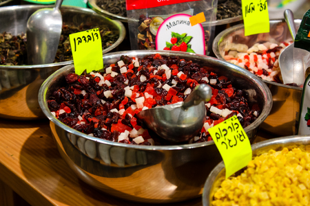 Jerusalem Israel May 24, 2018 Closeup of various dried fruits sold in the market of Jerusalem in Israelのeditorial素材