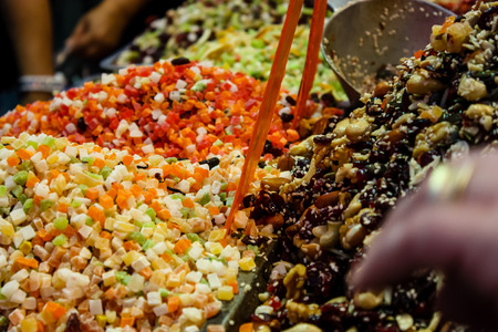Jerusalem Israel May 24, 2018 Closeup of various dried fruits sold in the market of Jerusalem in Israelのeditorial素材