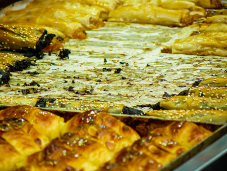 Jerusalem Israel May 24, 2018 Closeup of various pastries sold in the market of Jerusalem in Israel in the eveningのeditorial素材