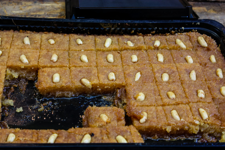 Jerusalem Israel May 24, 2018 Closeup of various pastries sold in the market of Jerusalem in Israel in the eveningのeditorial素材