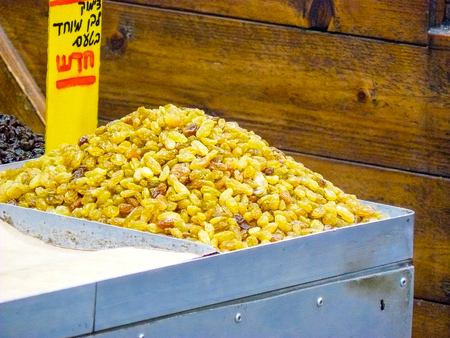 Jerusalem Israel May 24, 2018 Closeup of various dried fruits sold in the market of Jerusalem in Israelの写真素材