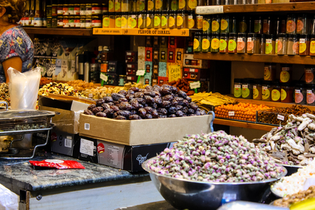 Jerusalem Israel May 24, 2018 Closeup of various dried fruits sold in the market of Jerusalem in Israelのeditorial素材