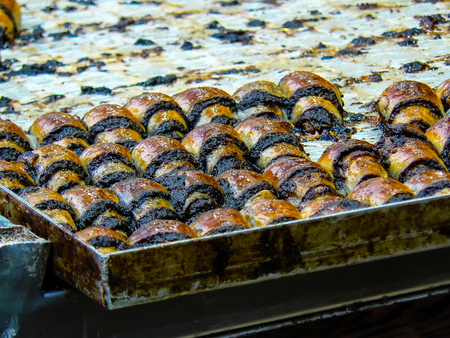 Jerusalem Israel May 24, 2018 Closeup of various pastries sold in the market of Jerusalem in Israel in the eveningのeditorial素材