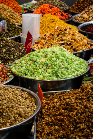 Jerusalem Israel May 24, 2018 Closeup of various dried fruits sold in the market of Jerusalem in Israelの写真素材