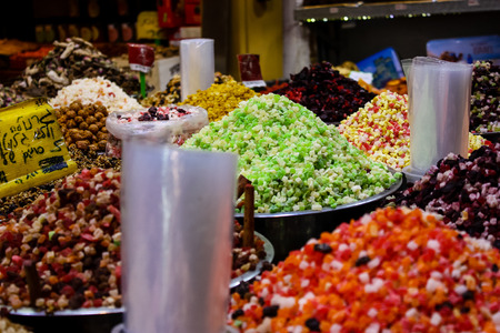 Jerusalem Israel May 24, 2018 Closeup of various dried fruits sold in the market of Jerusalem in Israelのeditorial素材