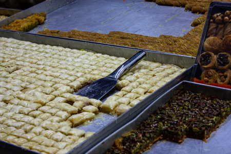 Jerusalem Israel May 24, 2018 Closeup of various pastries sold in the market of Jerusalem in Israel in the eveningのeditorial素材