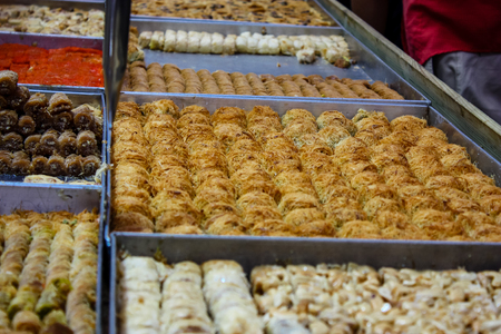 Jerusalem Israel May 24, 2018 Closeup of various pastries sold in the market of Jerusalem in Israel in the eveningのeditorial素材