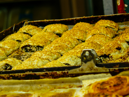 Jerusalem Israel May 24, 2018 Closeup of various pastries sold in the market of Jerusalem in Israel in the eveningのeditorial素材