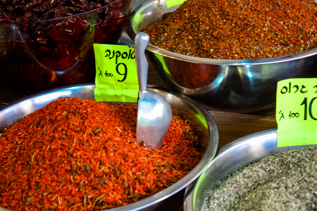 Jerusalem Israel May 24, 2018 Closeup of various spices sold in the market of Jerusalem in Israelのeditorial素材