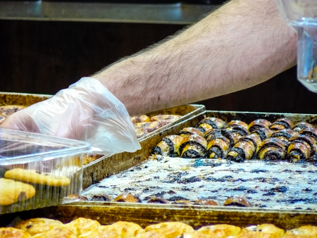 Jerusalem Israel May 24, 2018 Closeup of various pastries sold in the market of Jerusalem in Israel in the eveningのeditorial素材