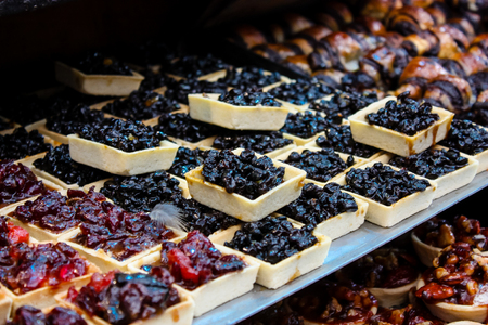 Jerusalem Israel May 24, 2018 Closeup of various pastries sold in the market of Jerusalem in Israel in the eveningのeditorial素材