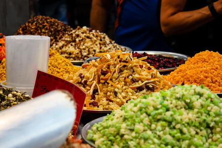 Jerusalem Israel May 24, 2018 Closeup of various dried fruits sold in the market of Jerusalem in...