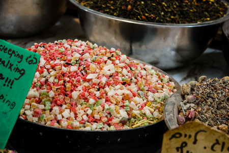 Jerusalem Israel May 24, 2018 Closeup of various dried fruits sold in the market of Jerusalem in Israelのeditorial素材