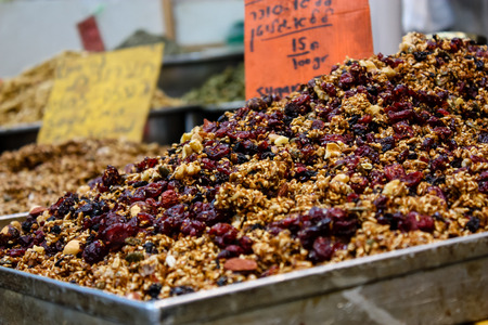 Jerusalem Israel May 24, 2018 Closeup of various dried fruits sold in the market of Jerusalem in Israelのeditorial素材