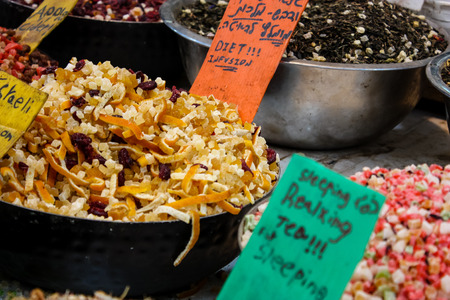 Jerusalem Israel May 24, 2018 Closeup of various dried fruits sold in the market of Jerusalem in Israelのeditorial素材