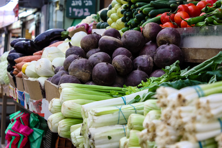 Jerusalem Israel May 24, 2018 Closeup of various vegetables sold in the market of Jerusalem in Israelのeditorial素材