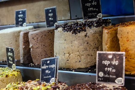 Jerusalem Israel May 24, 2018 Closeup of halva sold in the market of Jerusalem in Israelのeditorial素材