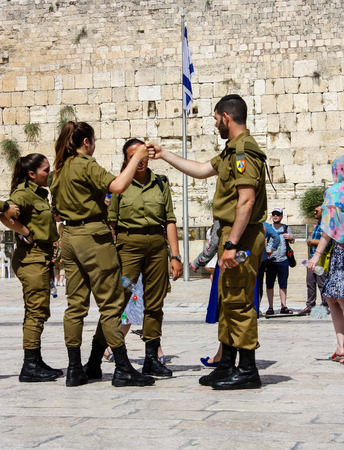 Jerusalem Israel May 21, 2018 View of Israeli soldiers standing on the Western wall plaza in the old city of Jerusalem in the eveningのeditorial素材