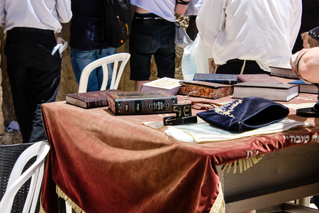 Jerusalem Israel May 21, 2018 View of a religious books front the Western wall in the old city of Jerusalemのeditorial素材
