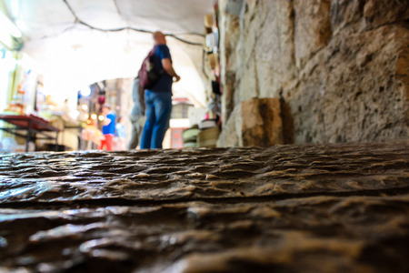 Jerusalem Israel May 28, 2018 View of unknowns people walking in David street in the muslim quarter at the Old city of Jerusalem in the morningのeditorial素材