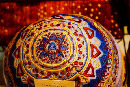 Jerusalem Israel May 21, 2018 Closeup of hats in a souvenirs shop of the old city of Jerusalem in Israelのeditorial素材