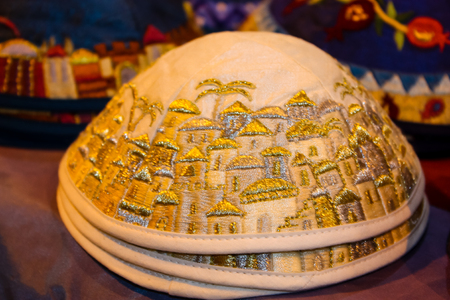 Jerusalem Israel May 21, 2018 Closeup of hats in a souvenirs shop of the old city of Jerusalem in Israelのeditorial素材
