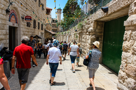 Jerusalem Israel May 28, 2018 View of unknowns people walking in David street in the muslim quarter at the Old city of Jerusalem in the morningのeditorial素材
