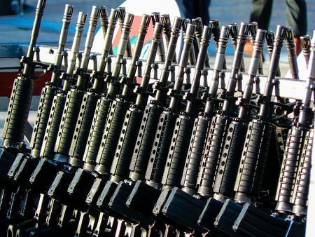 Jerusalem Israel May 31, 2018 View of a row of automatic assault rifles at the army ceremony on the...