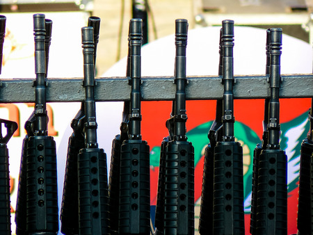 Jerusalem Israel May 31, 2018 View of a row of automatic assault rifles at the army ceremony on the...