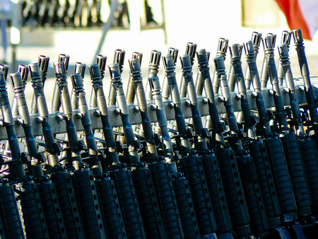 Jerusalem Israel May 31, 2018 View of a row of automatic assault rifles at the army ceremony on the...