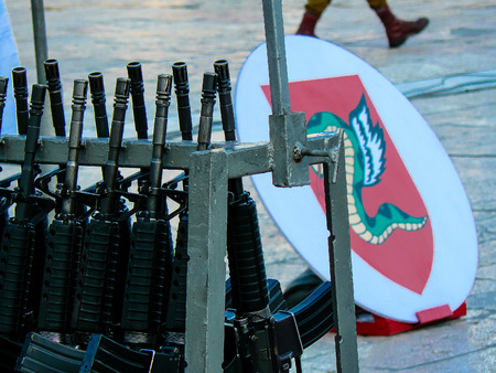 Jerusalem Israel May 31, 2018 View of a row of automatic assault rifles at the army ceremony on the...