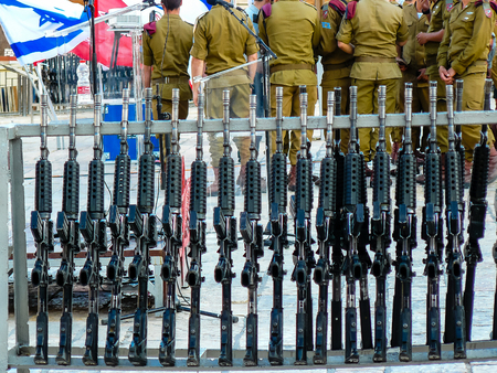 Jerusalem Israel May 31, 2018 View of a row of automatic assault rifles at the army ceremony on the...