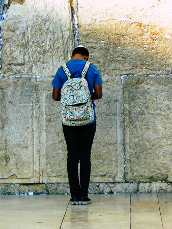 Jerusalem Israel May 31, 2018 View of unknowns people praying front the Western Wall in the old city...