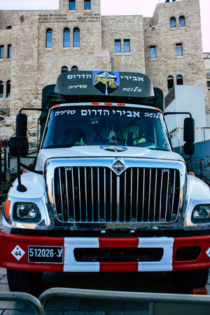 Jerusalem Israel May 31, 2018 View of a military truck at the Western Wall square in the old city of Jerusalem in the eveningのeditorial素材
