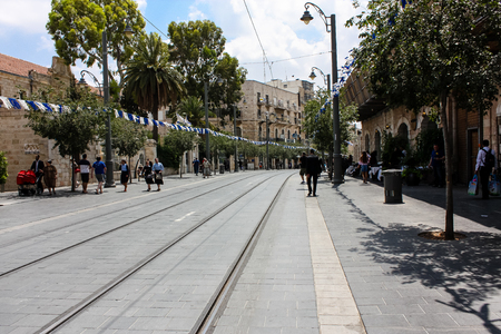Jerusalem Israel June 1, 2018 View of unknowns people walking on Jaffa street in Jerusalem in the morningのeditorial素材