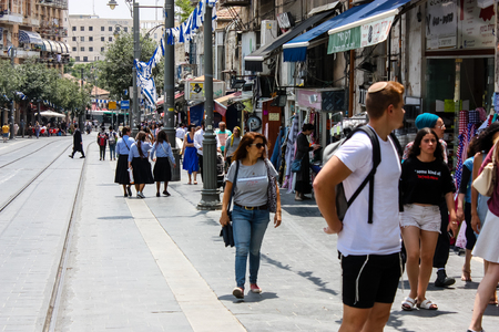 Jerusalem Israel June 1, 2018 View of unknowns people walking on Jaffa street in Jerusalem in the morningのeditorial素材