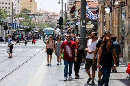 Jerusalem Israel June 1, 2018 View of unknowns people walking on Jaffa street in Jerusalem in the morningのeditorial素材